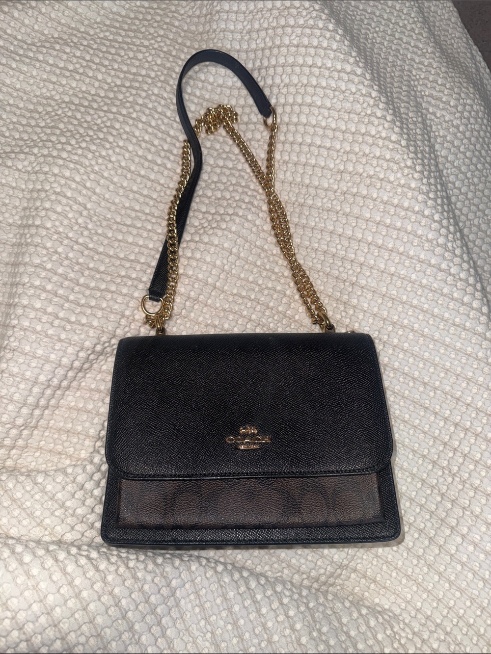Coach Black Crossbody Bag with Gold Chain and Brown Accent